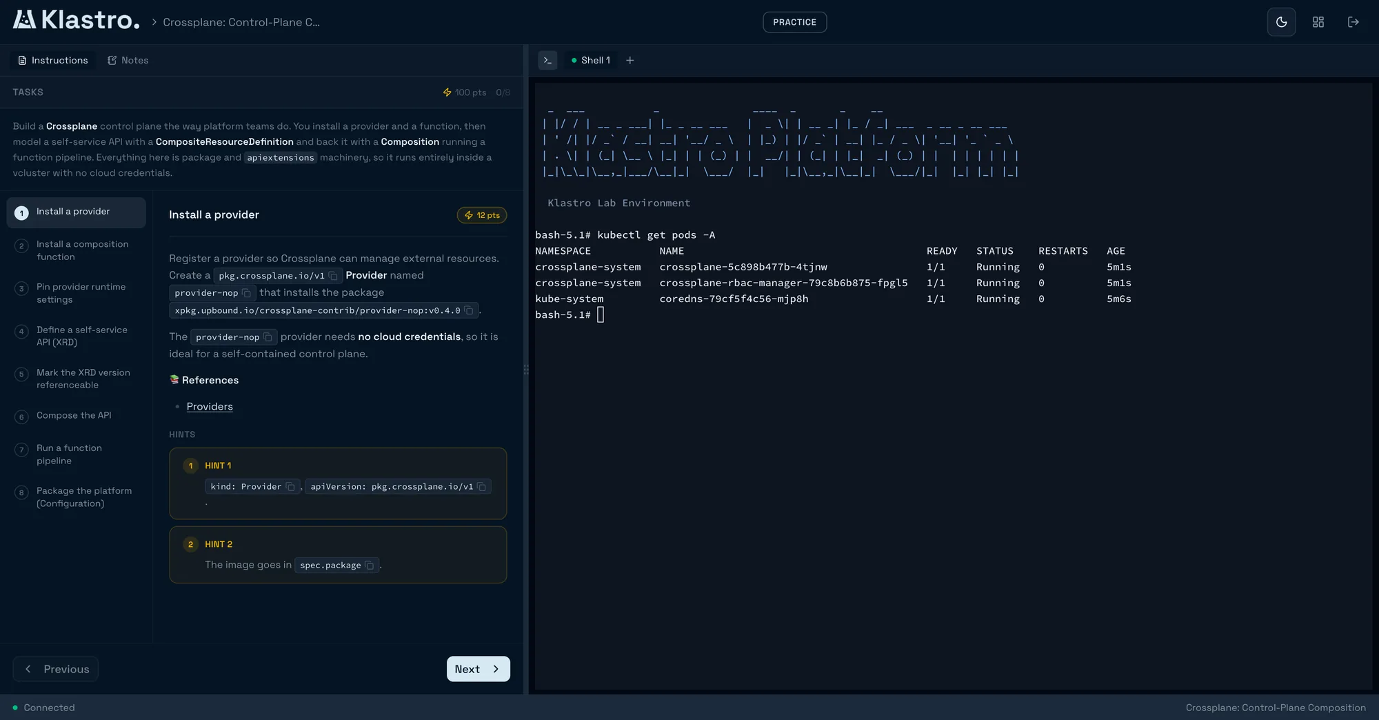 A Klastro lab session: the instructions panel on the left, the terminal and the deployed application on the right
