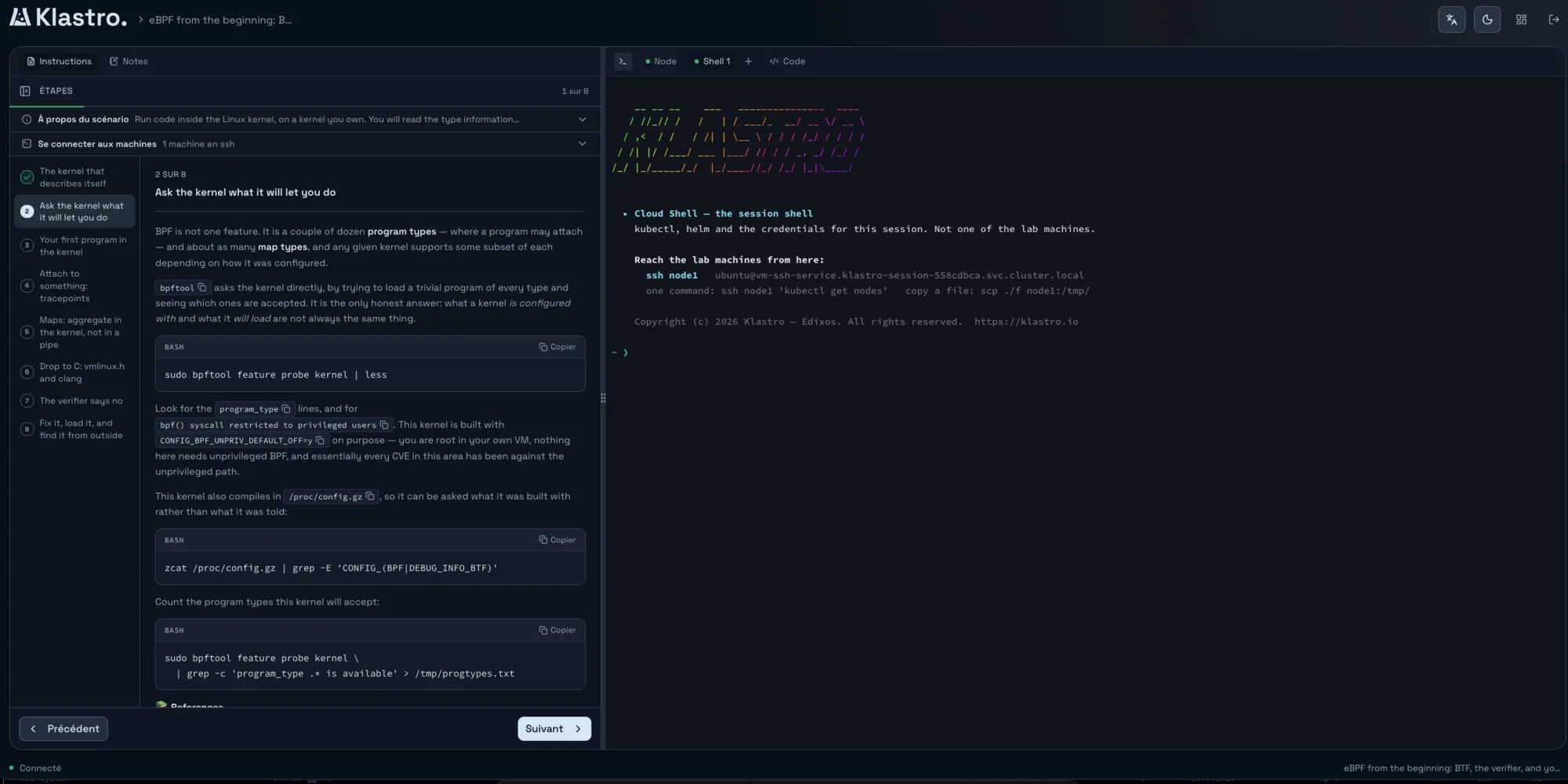 Une session de lab Klastro : les étapes et les consignes à gauche, le terminal de la session à droite